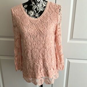 M LAFFAIRE LACE OVER PINK LINER BUTTON BACK STRETCHY TOP